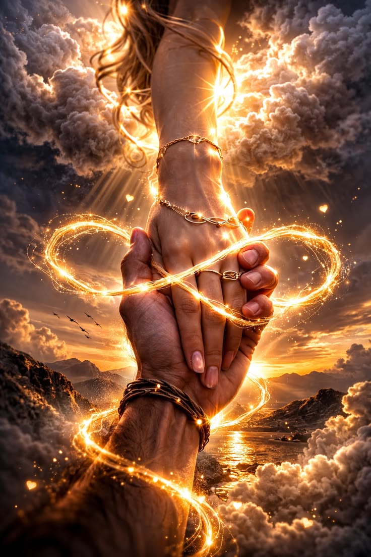 Mãos unidas por um elo infinito representando a Aliança das Almas